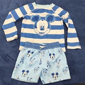 Disney Blue & White Striped Mickey Mouse Rash Guard Swim Set